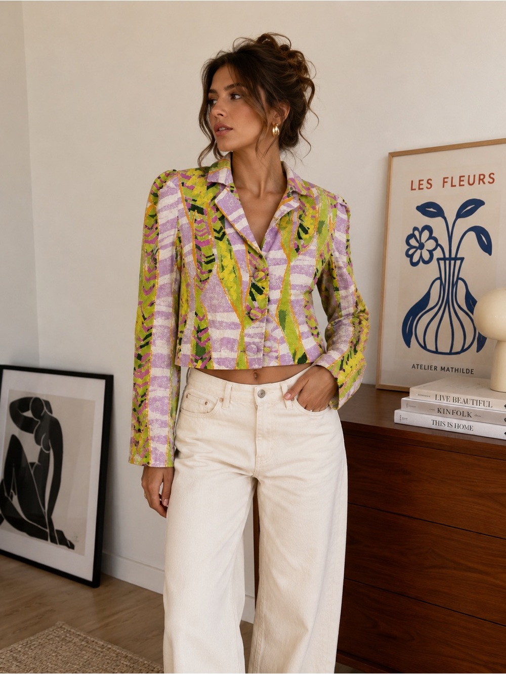 Colin LoCascio Abstract Print Cropped Jacket Blazer Chartreuse Size Small